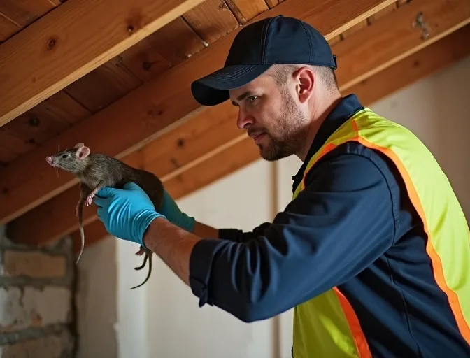 Technician inspecting a roof cavity for a dead rat in Meadow Heights